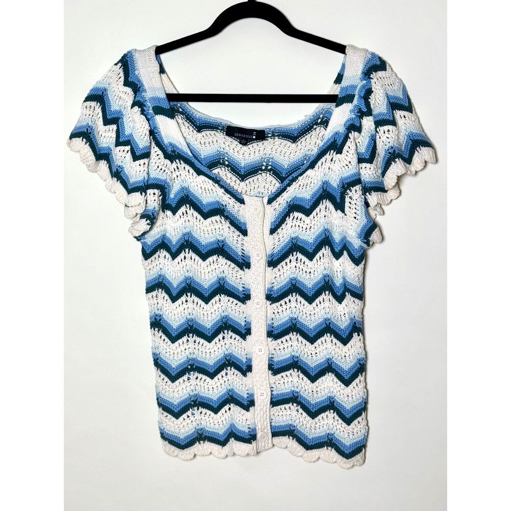 Crochet‎ Knit Short Sleeve Cardigan Top Blue White Chevron Large 70s Cottagecore